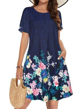 Women's Blue Flower T-shirt Short Sleeve Floral Sundress Beach Cover Mini Dress